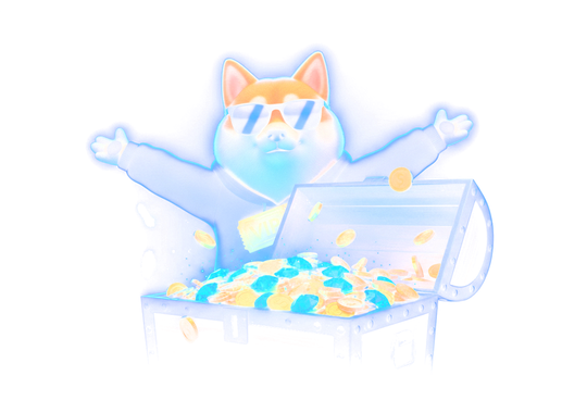 InuSlots shiba behind a treasure chest of gold coins