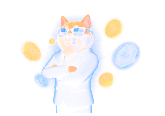 InuSlots shiba in a suit surrounded by crypto coins